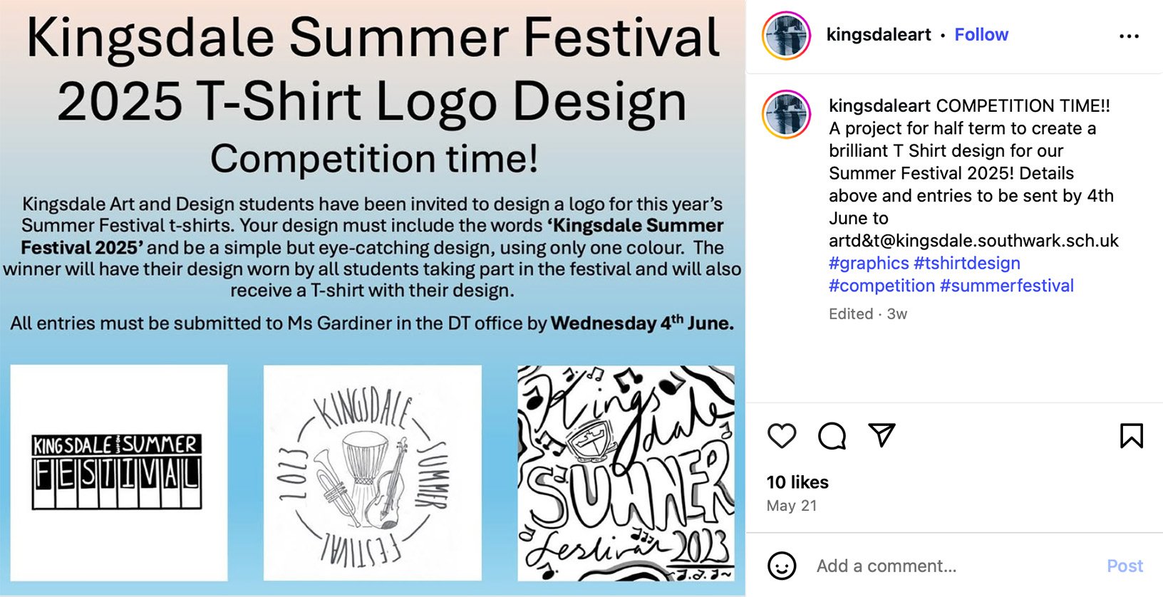 Kingsdale Art & Design competition to design a T-shirt logo for the 2025 Summer Festival Instagram competition post calling for Kingsdale students to design a 2025 summer festival T-shirt logo