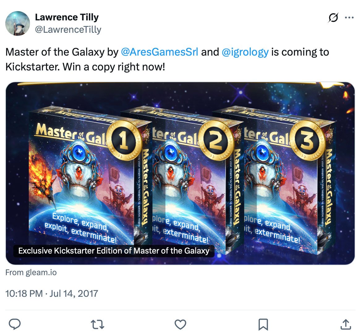 Lawrence Tilly promotes Kickstarter giveaway for Master of the Galaxy Three boxed editions of Master of the Galaxy board game with numbered badges and tagline 'Explore, expand, exploit, exterminate!'