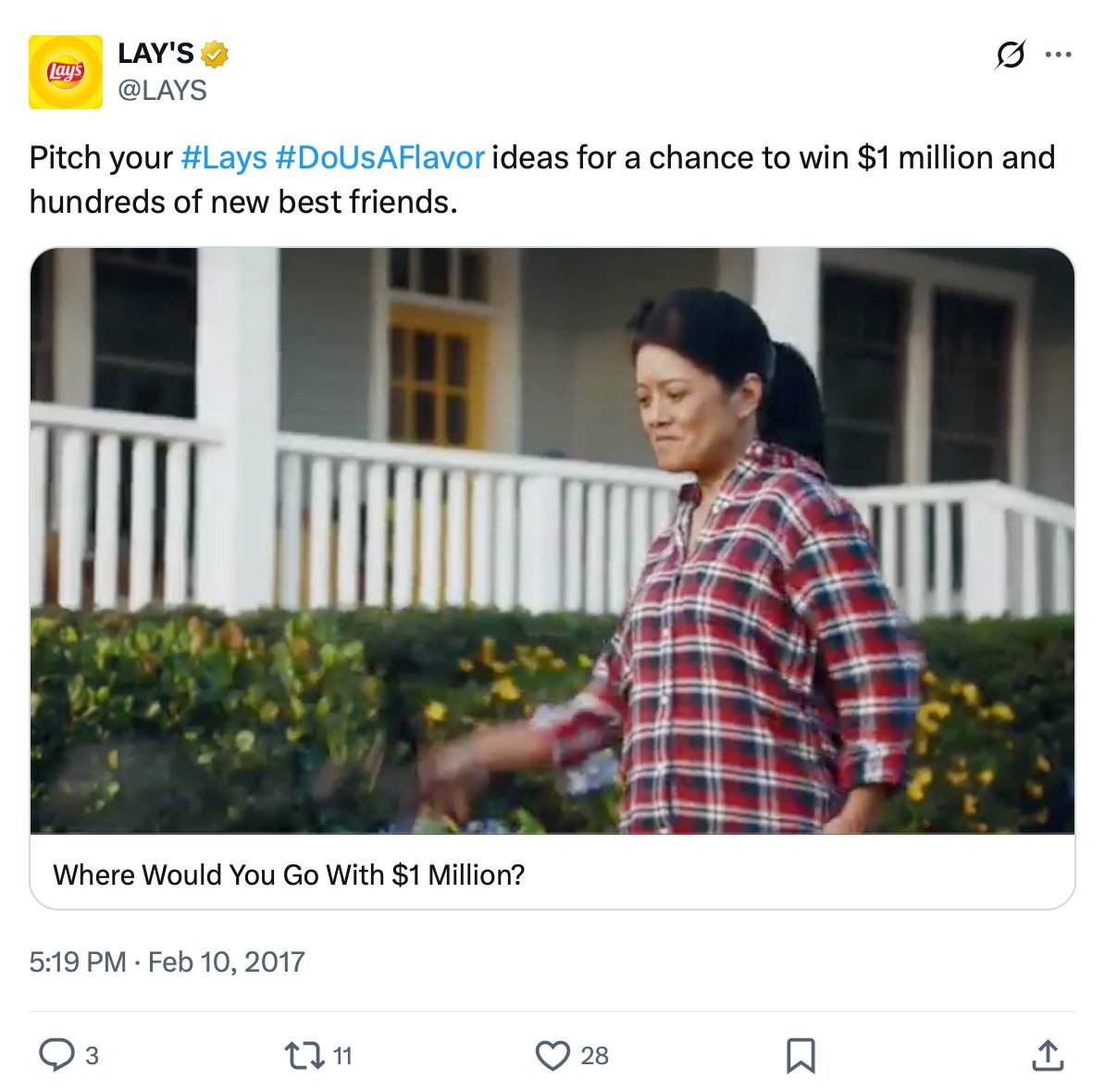 Lay's Do Us a Flavor $1M Contest Promo Woman in plaid shirt outdoors smiling, part of Lay’s contest promotion