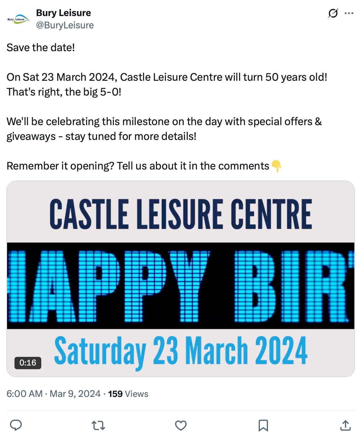 Example of a milestone event giveaway promotion on Twitter/X Tweet announcing Castle Leisure Centre’s 50th anniversary event with giveaways and special offers on March 23, 2024