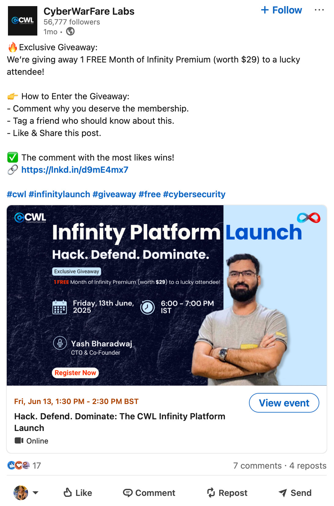Giveaway post examples featuring 'comment to win' and 'tag a friend' on LinkedIn LinkedIn giveaway examples from CyberWarFare Labs and PrettyLittleThing.com using comment and tag mechanics
