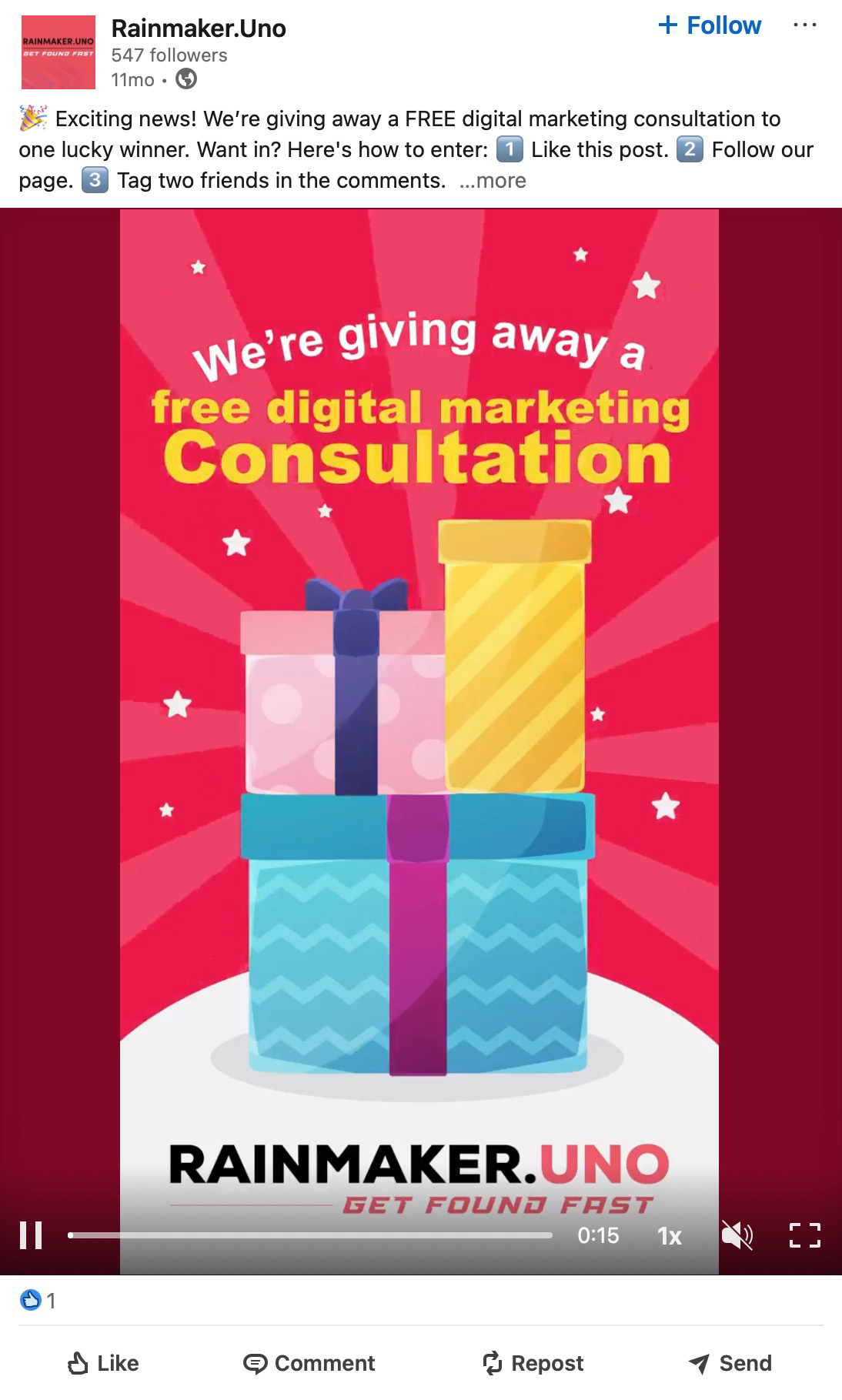 Rainmaker.Uno LinkedIn giveaway for a free digital marketing consultation LinkedIn giveaway post offering a free digital marketing consultation with colourful gift boxes on a red background