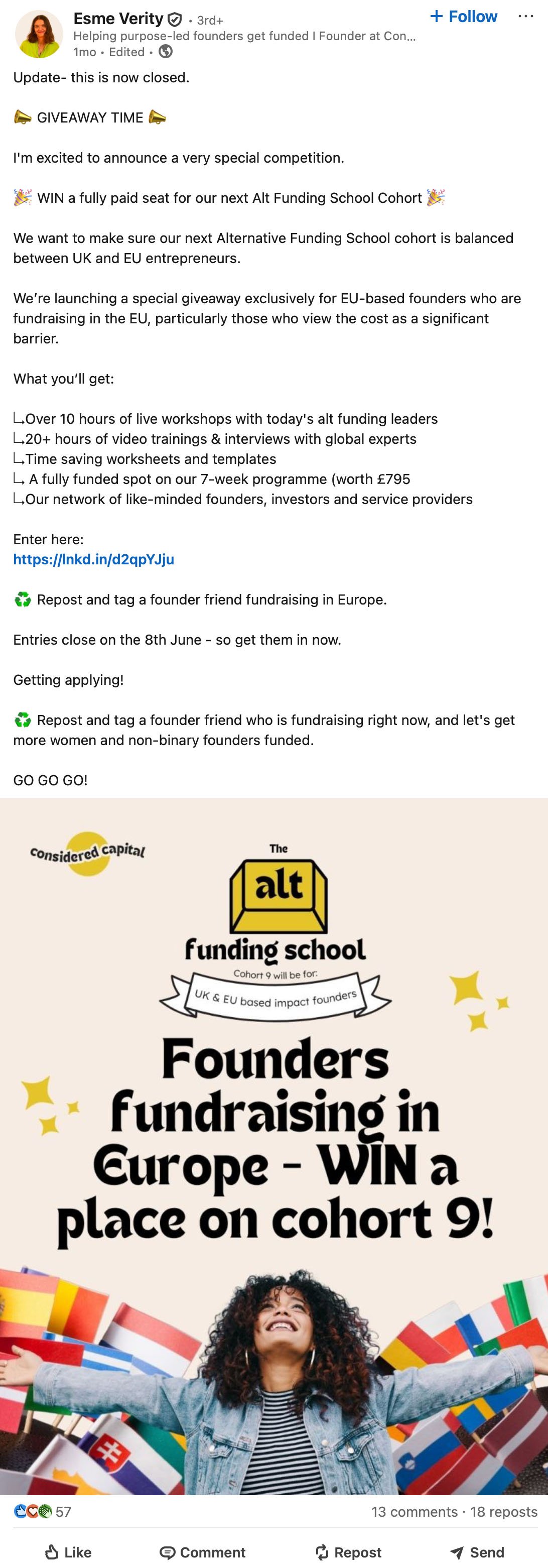 Alternative Funding School giveaway for EU-based founders fundraising in Europe LinkedIn giveaway post by Esme Verity offering a fully funded place on the Alt Funding School for EU-based founders