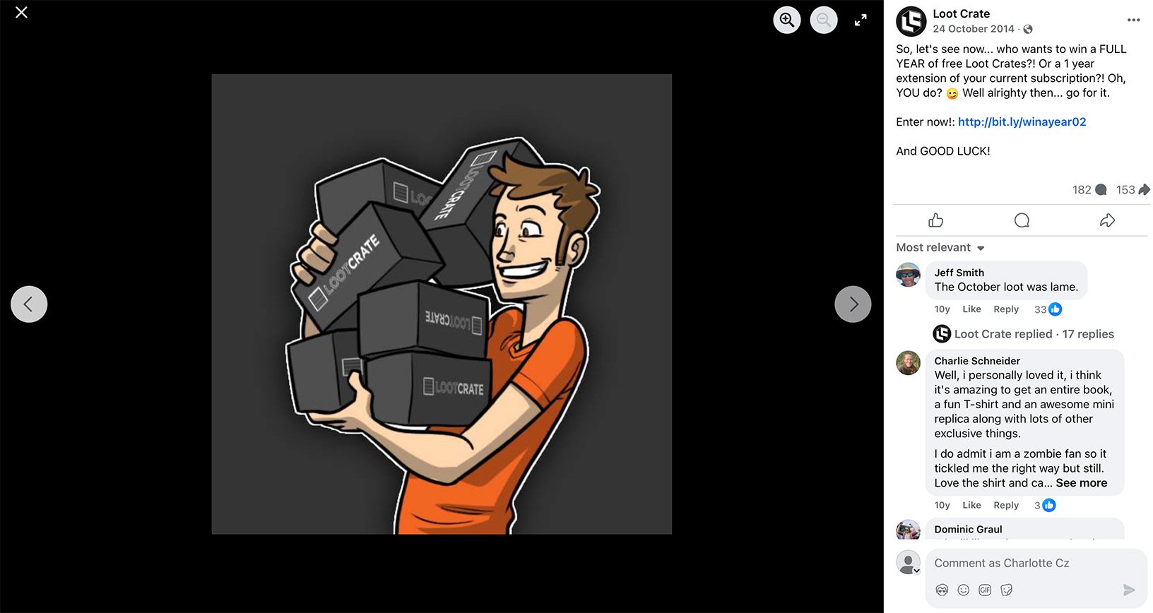 Loot Crate Facebook post promoting a themed mystery box giveaway