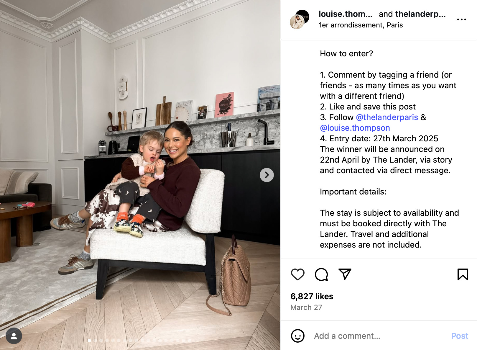 Instagram giveaway post by Louise Thompson and The Lander offering a Paris stay Louise Thompson sitting in a Paris apartment with her child, promoting a stay giveaway