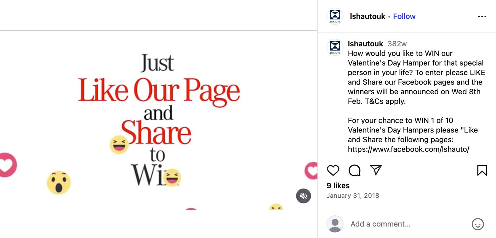 Typography graphic saying Like Our Page and Share to Win with emoji reactions