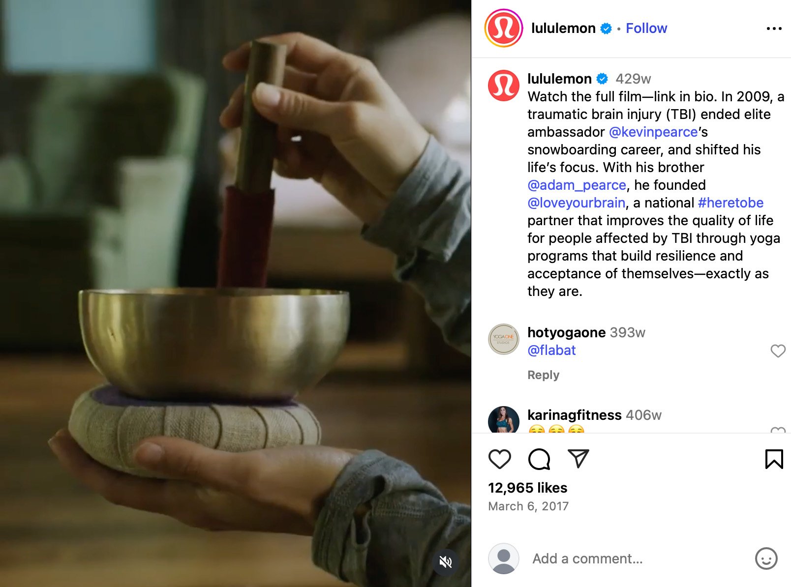 lululemon shares @loveyourbrain campaign for TBI recovery through yoga Close-up of hands using a Tibetan singing bowl on a soft cushion for meditation