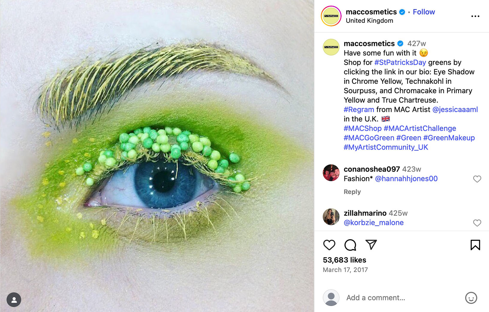 MAC Cosmetics shares creative St. Patrick’s Day look by @jessicaaaml Close-up of an artistic green eye makeup look with lime-toned eyeshadow and textured beads across the lashes