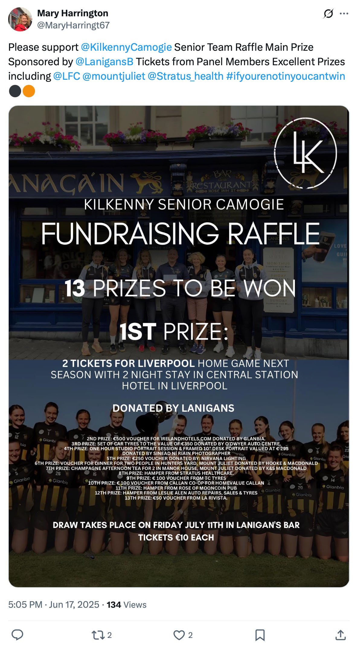 Kilkenny Camogie raffle with 13 prizes including Liverpool tickets Kilkenny Senior Camogie fundraising raffle promotion listing 13 prizes including a trip to a Liverpool home game