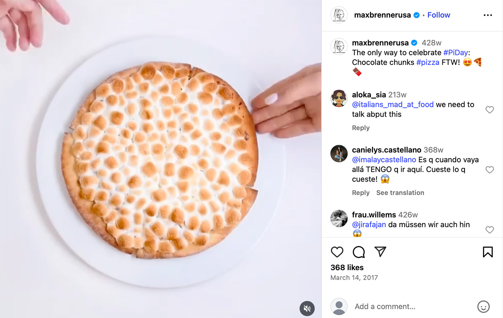 Max Brenner celebrates Pi Day with toasted marshmallow dessert pizza Top-down view of a dessert pizza topped with toasted marshmallows on a white plate
