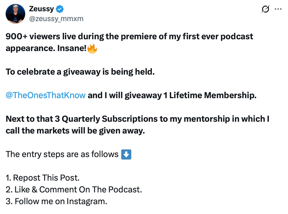Zeussy Twitter giveaway — lifetime membership and quarterly mentorship prizes Twitter giveaway post by Zeussy offering lifetime membership and quarterly mentorship subscriptions