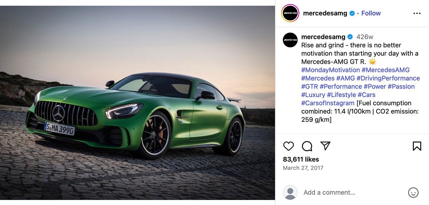 Mercedes-AMG GT R promo with fuel performance specs Green Mercedes-AMG GT R parked on cobblestone road at sunset