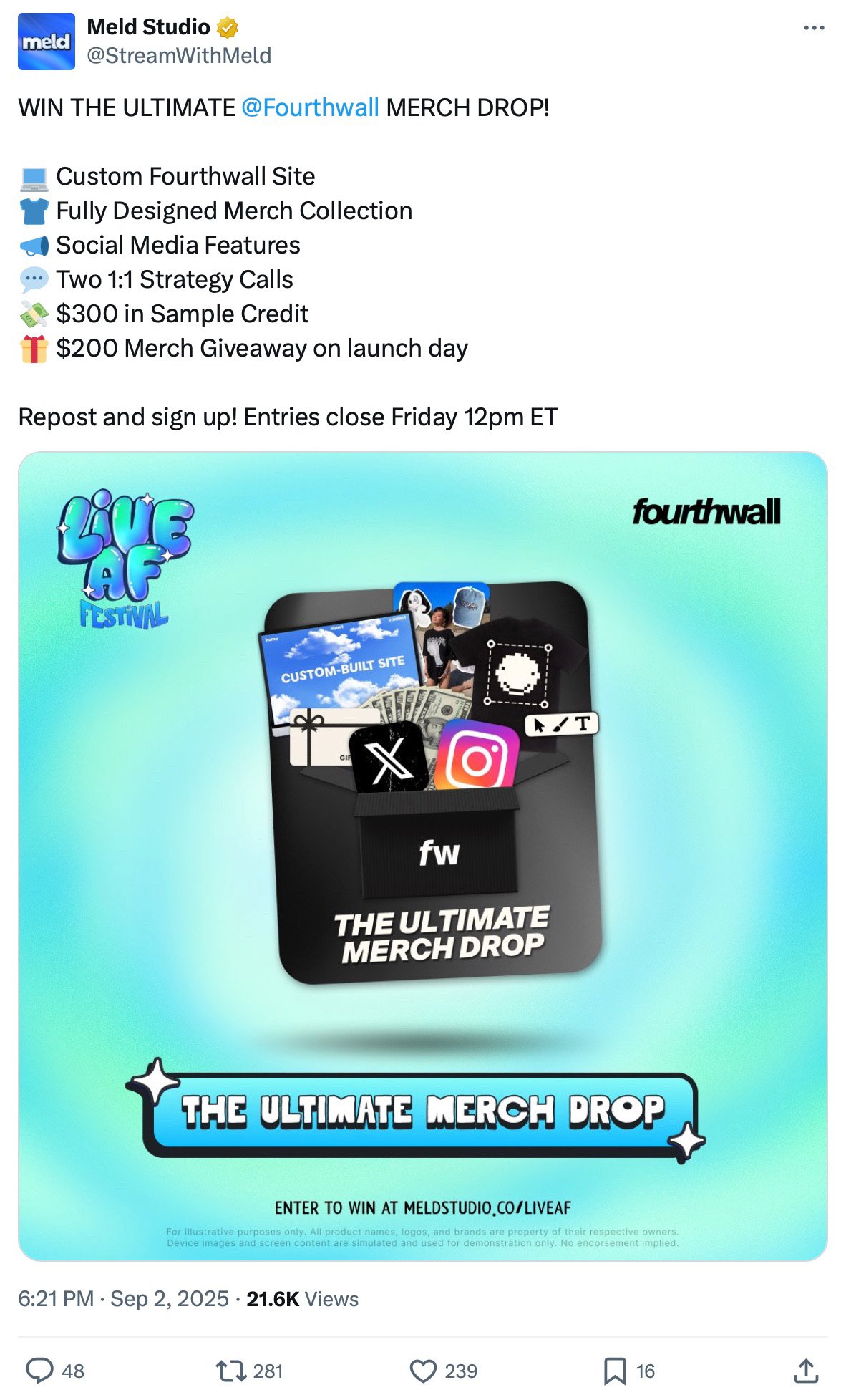 The Ultimate Fourthwall Merch Drop Giveaway Campaign Social media giveaway post promoting the ultimate merch drop with Fourthwall prizes listed