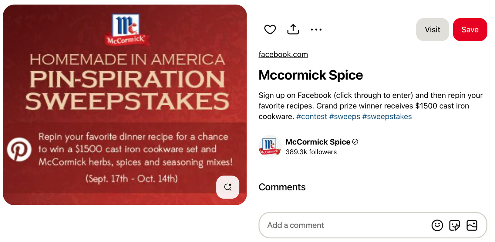 Drive engagement with recipe-based Pinterest giveaways Pinterest giveaway pin by McCormick promoting a recipe contest with branded visuals