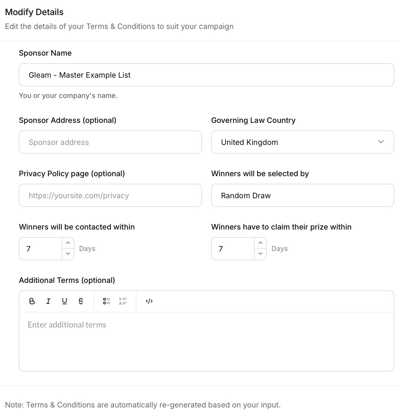 Optional fields to enhance your automatically generated terms & conditions on Gleam campaigns