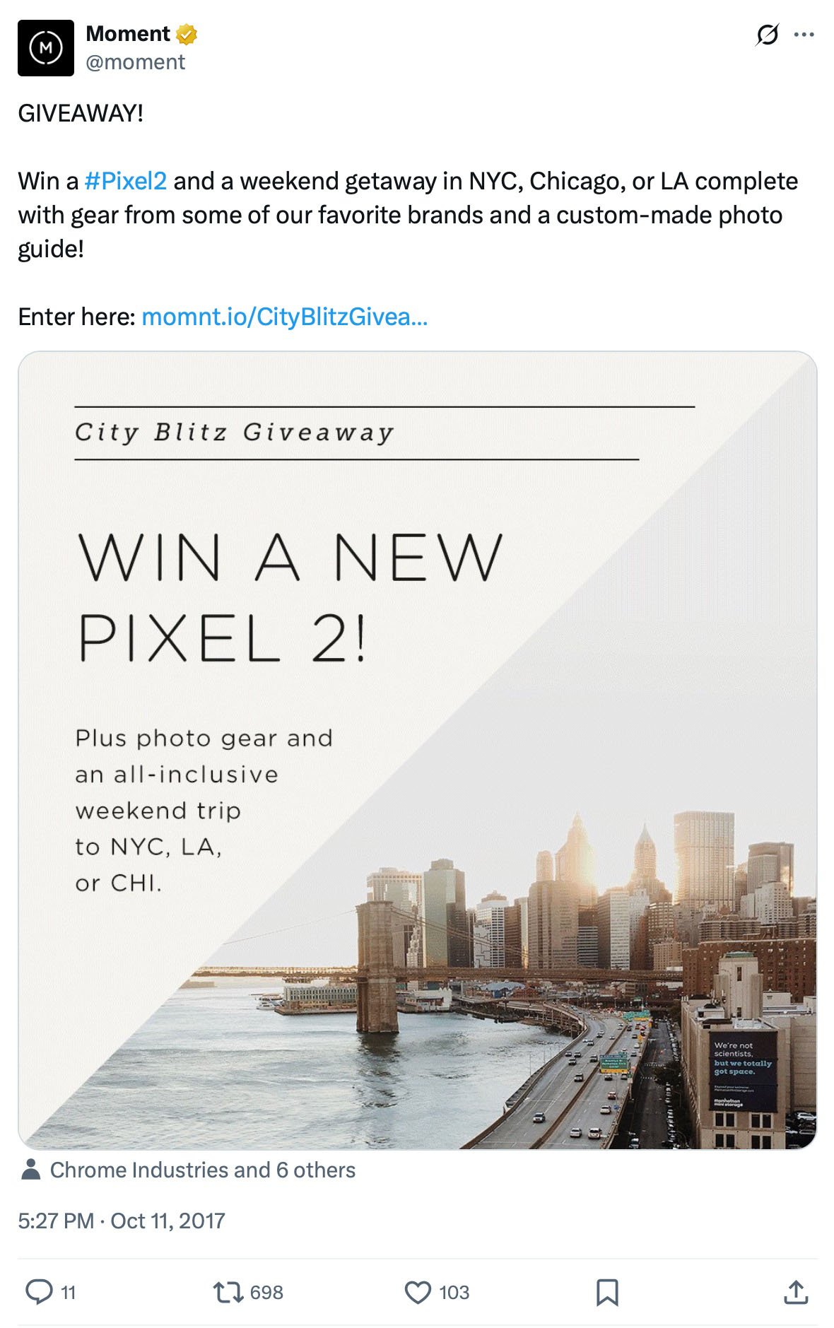 Moment City Blitz Giveaway banner offering Pixel 2 and trip to NYC, LA, or Chicago