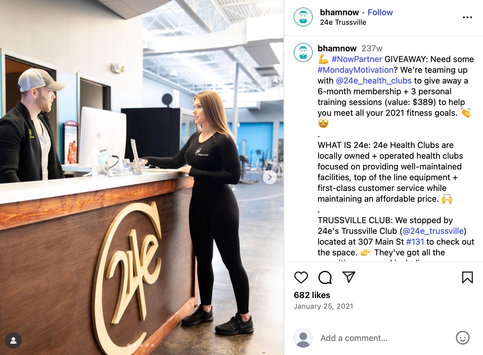 Example of a 24e Health Club Instagram giveaway campaign 24e Health Club giveaway promotion on Instagram showing a gym membership contest
