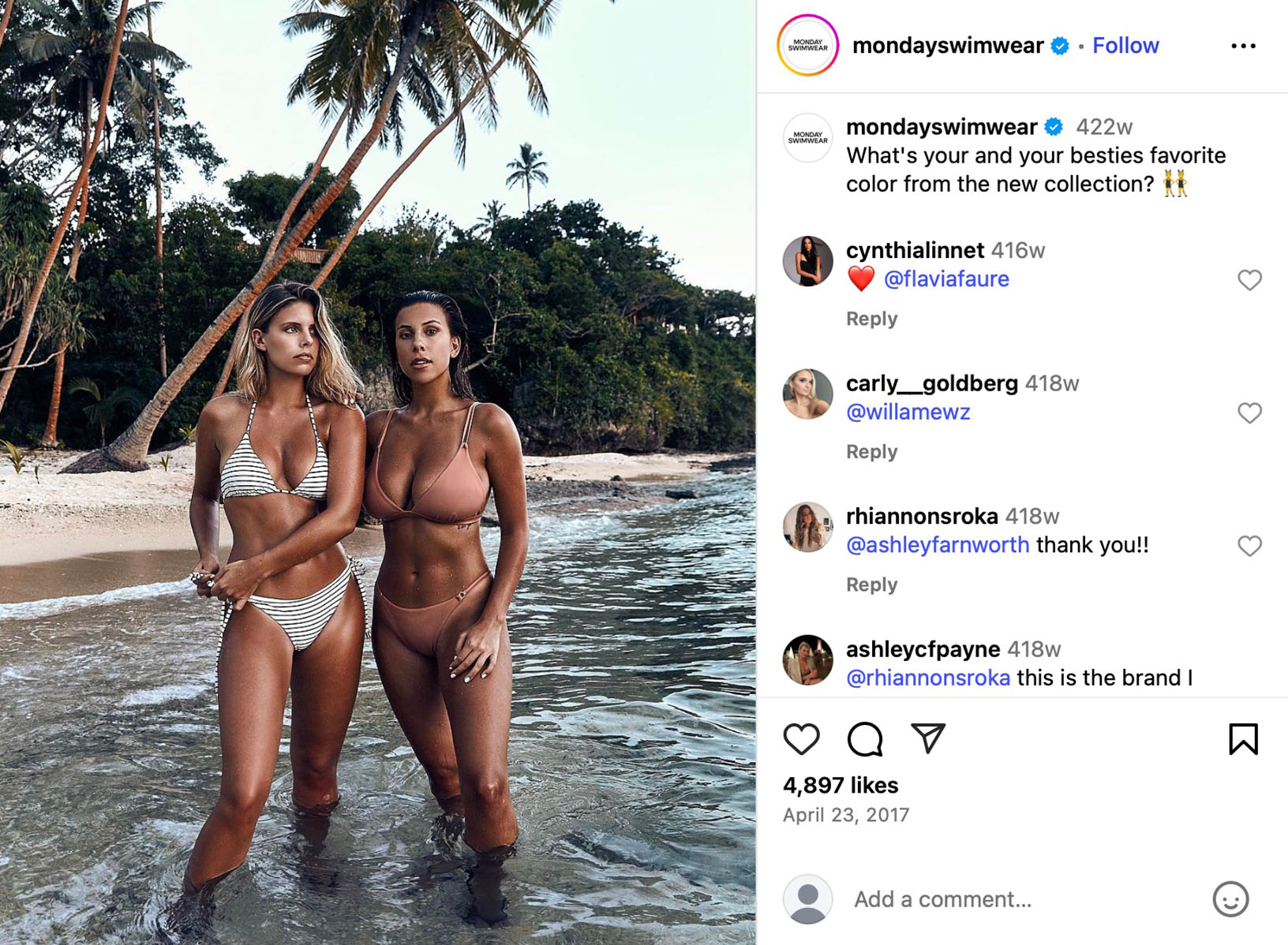Mondayswimwear asks fans to pick their favorite color from new swimwear collection Two women standing in tropical beach water wearing Monday Swimwear bikinis