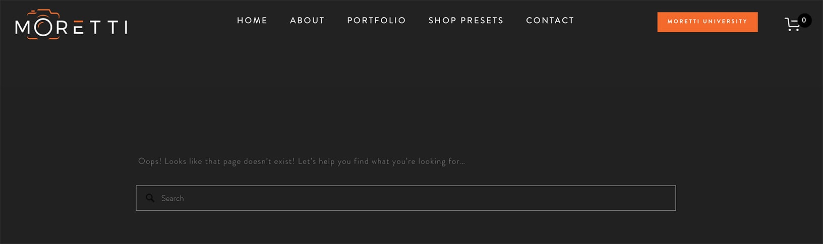 Moretti website 404 page with a dark theme and search bar to help users find content