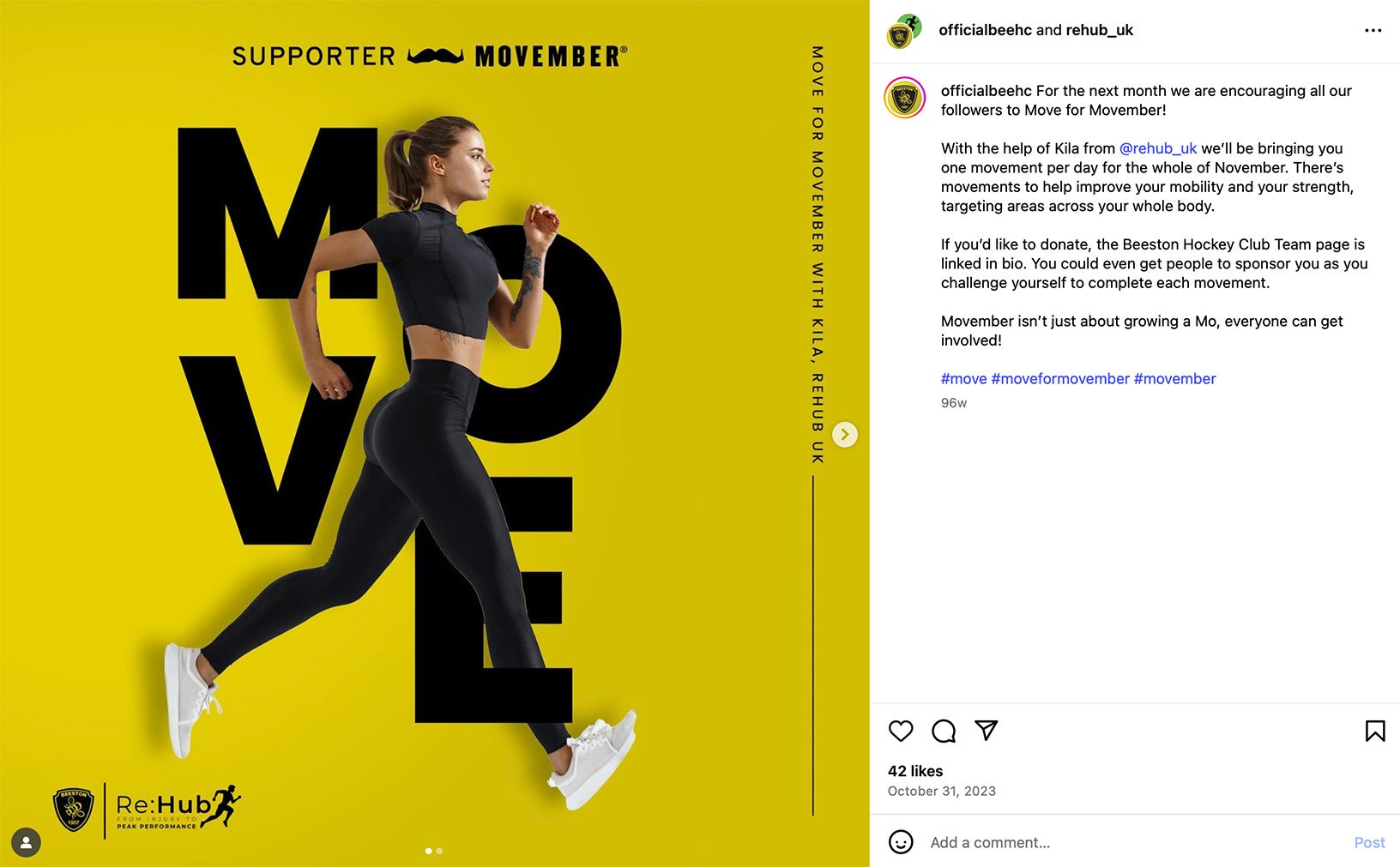 Instagram campaign post promoting Move for Movember with fitness and mobility challenges