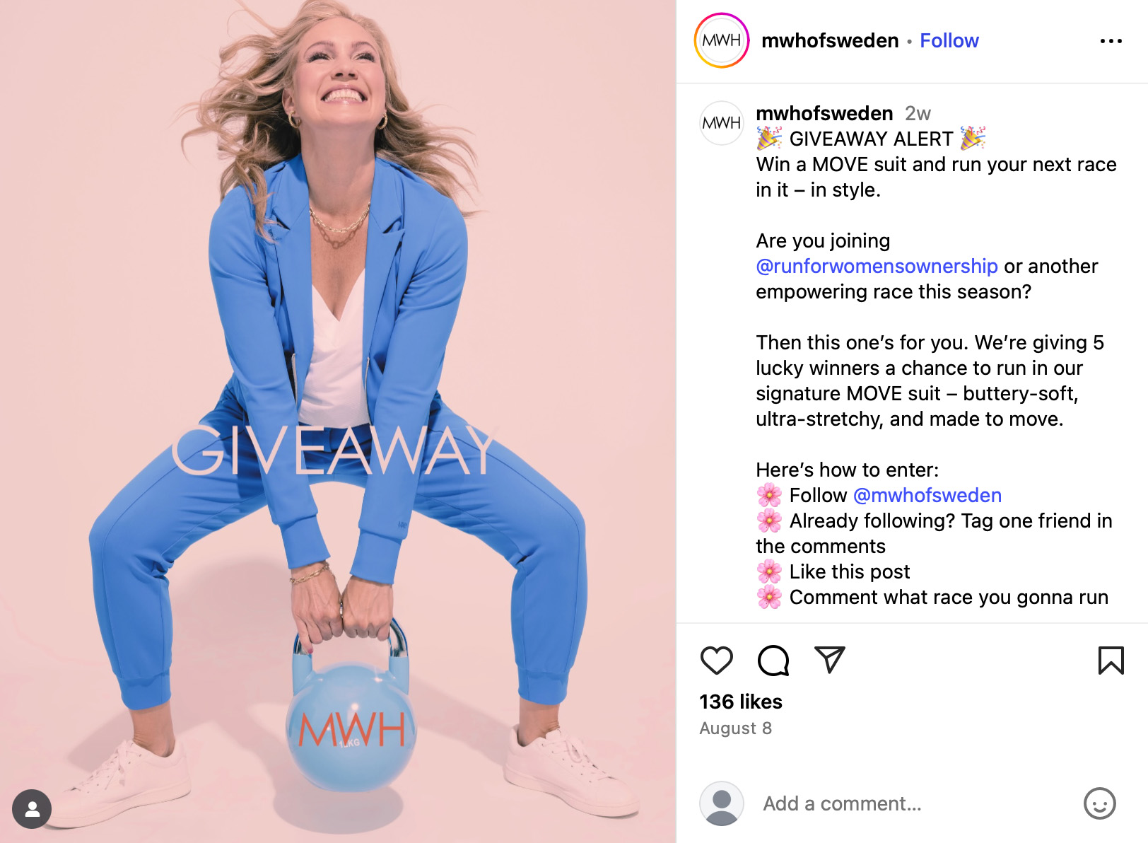 MWH of Sweden MOVE Suit Giveaway on Instagram MWH of Sweden giveaway post on Instagram offering 5 winners a MOVE suit for running events