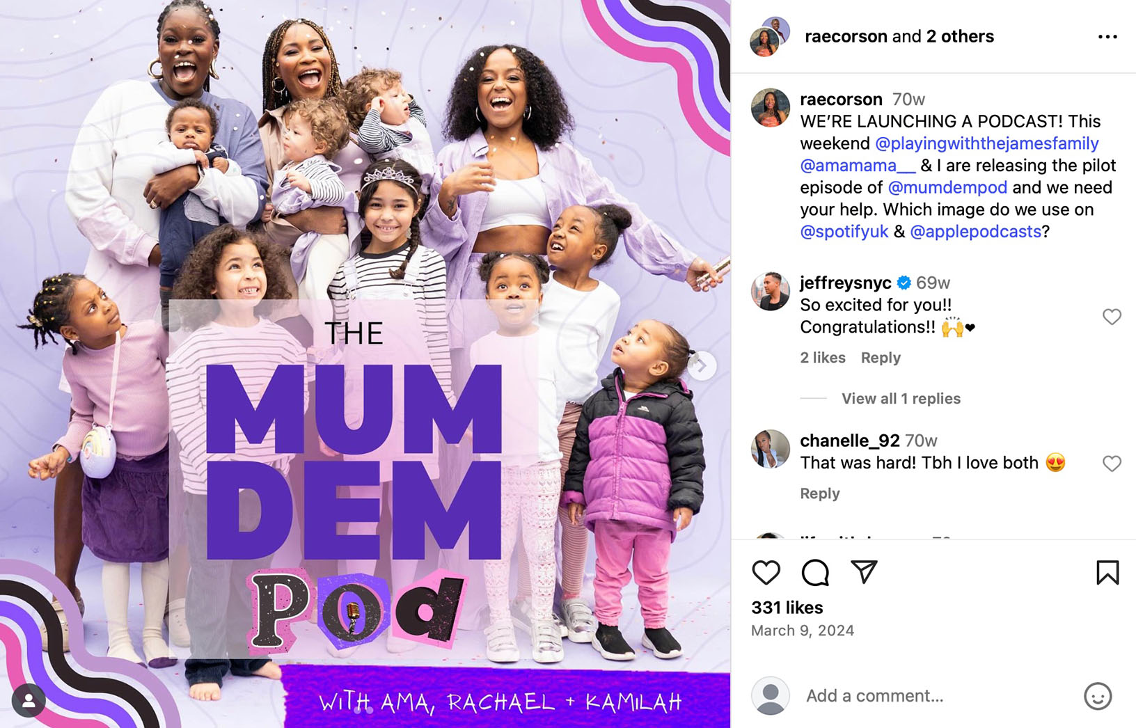 The Mum Dem Pod launches with vibrant artwork and multi-host debut Instagram post announcing the launch of The Mum Dem Pod, featuring three hosts with children in a celebratory group photo