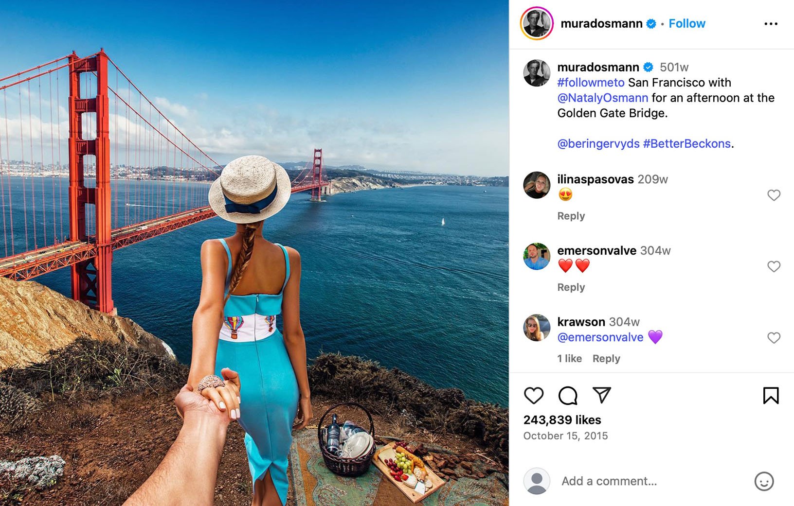 Murad Osmann captures iconic San Francisco #FollowMeTo shot Murad Osmann’s #FollowMeTo photo with Nataly Osmann holding hands in front of the Golden Gate Bridge