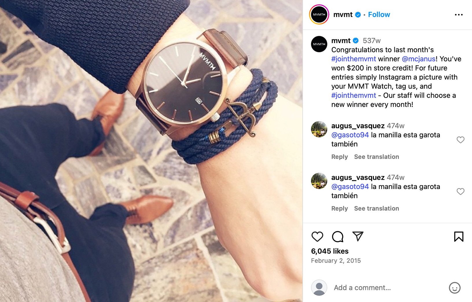 MVMT watch giveaway campaign on Instagram MVMT Instagram post promoting a watch giveaway with sleek, minimalist product styling