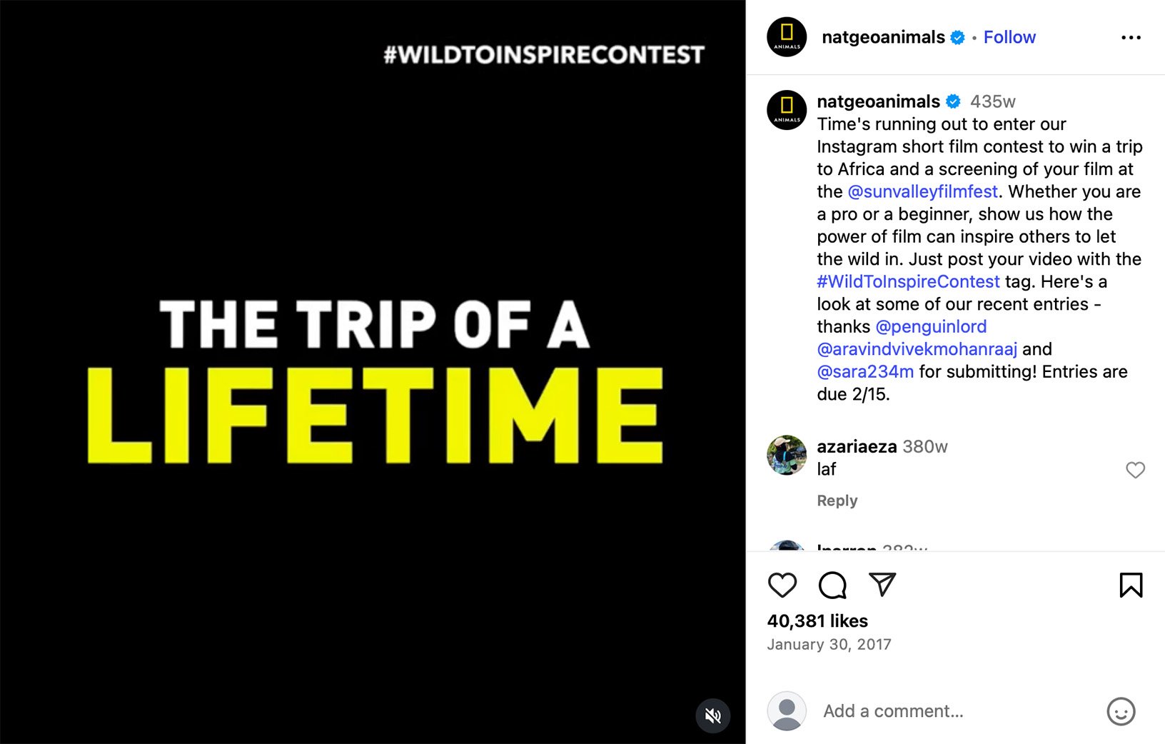 NatGeo Animals invites filmmakers to submit short films for a chance to win a trip to Africa Bold text reads 'The Trip of a Lifetime' promoting a short film contest by NatGeo with a prize trip to Africa
