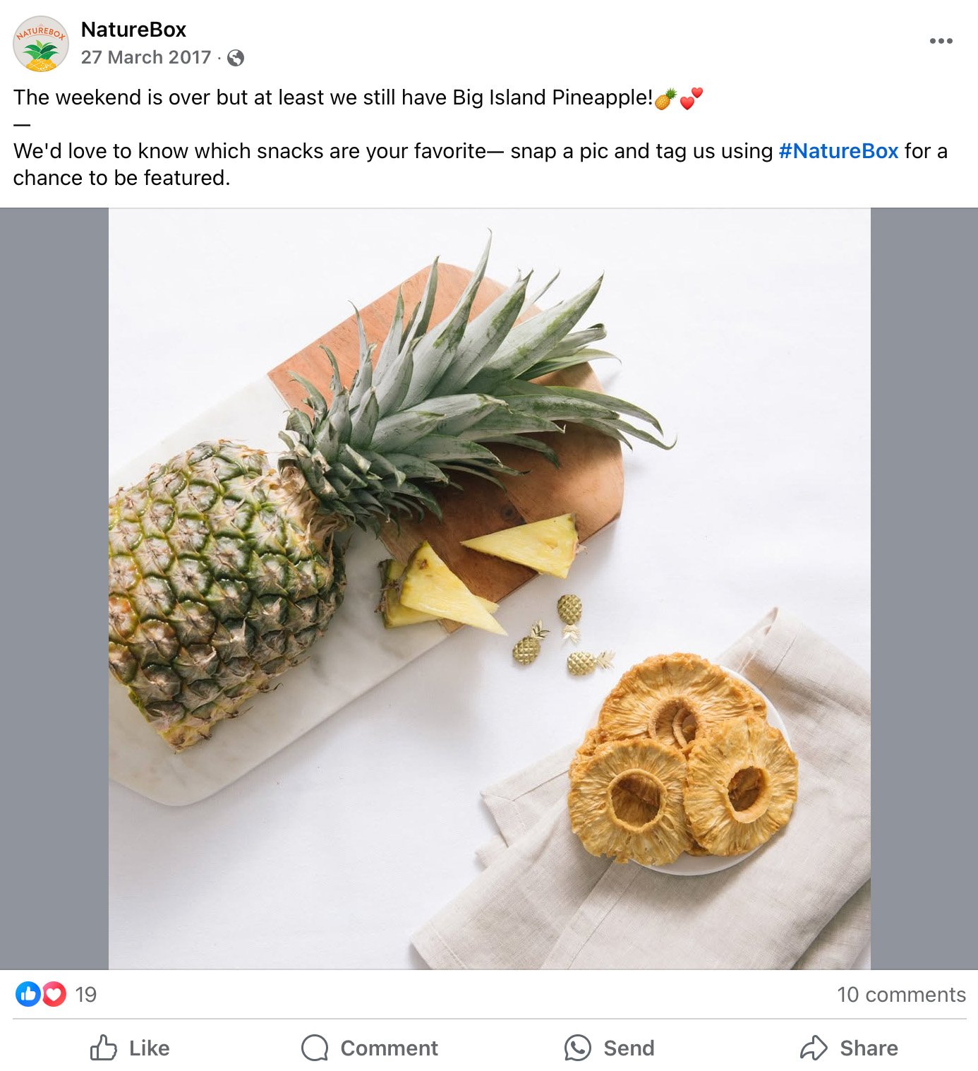 NatureBox Big Island Pineapple Snack Giveaway NatureBox Facebook giveaway post with dried pineapple slices on white background