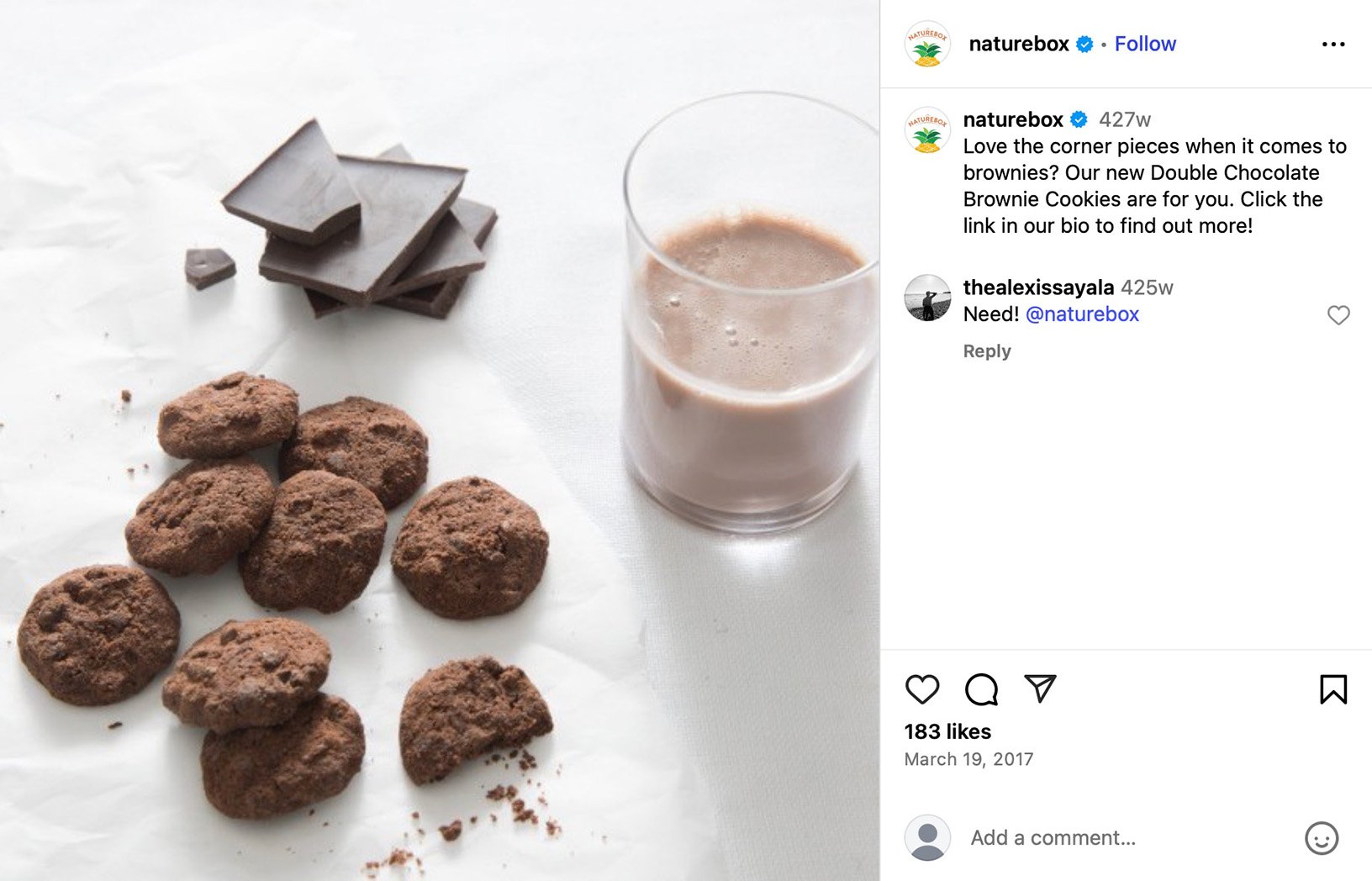 NatureBox introduces brownie-inspired cookie snack Double Chocolate Brownie Cookies next to a glass of chocolate milk and dark chocolate squares