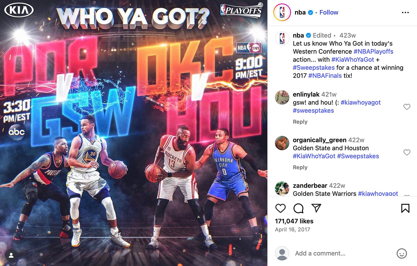 NBA runs Kia Who Ya Got sweepstakes for 2017 Playoffs Promotional NBA Playoffs graphic showing matchups between POR vs GSW and OKC vs HOU with featured players