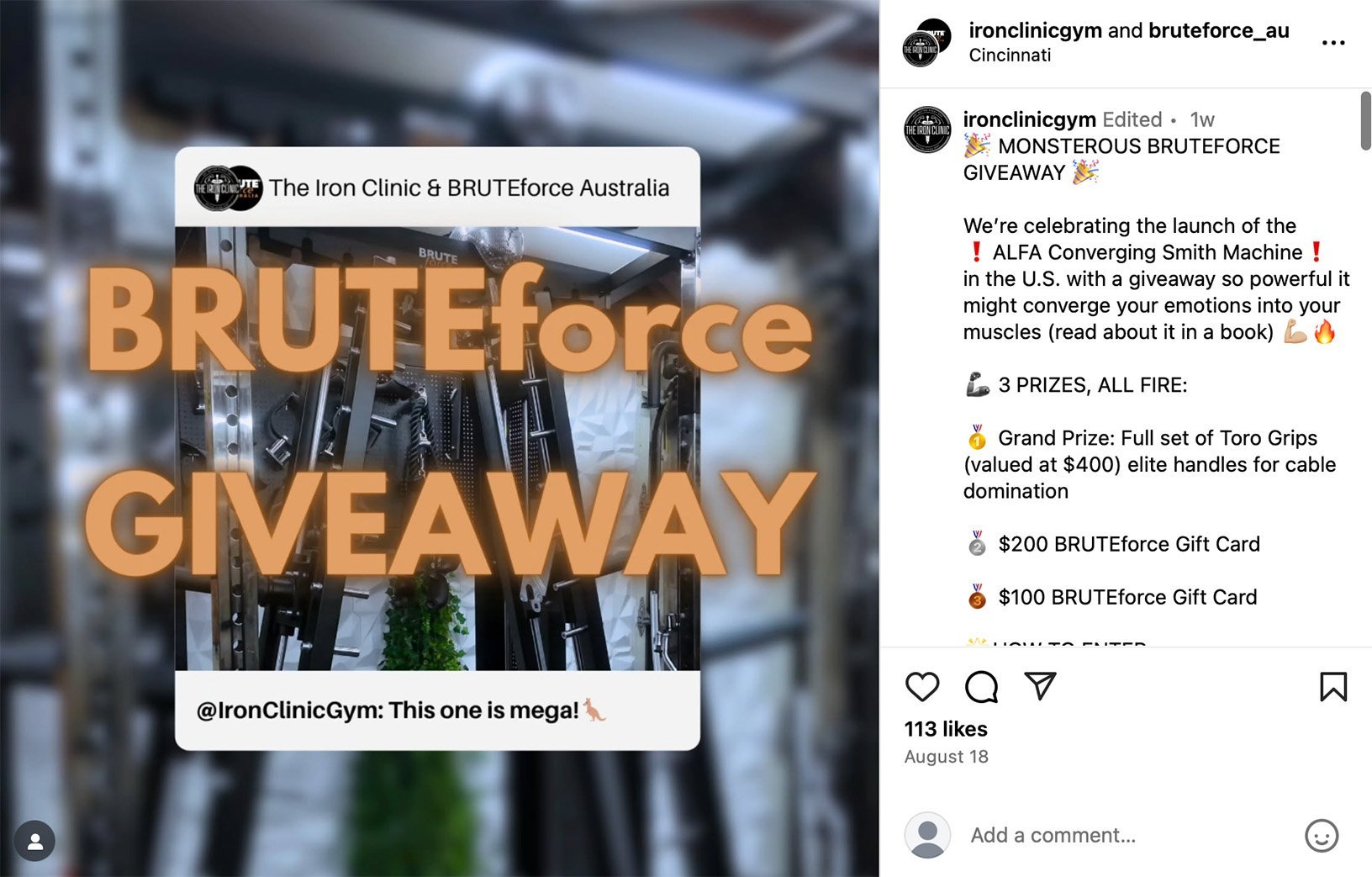 Example of a fitness brand giveaway tied to a new product launch Instagram giveaway post from Iron Clinic & BRUTEforce announcing prizes including Toro Grips and gift cards