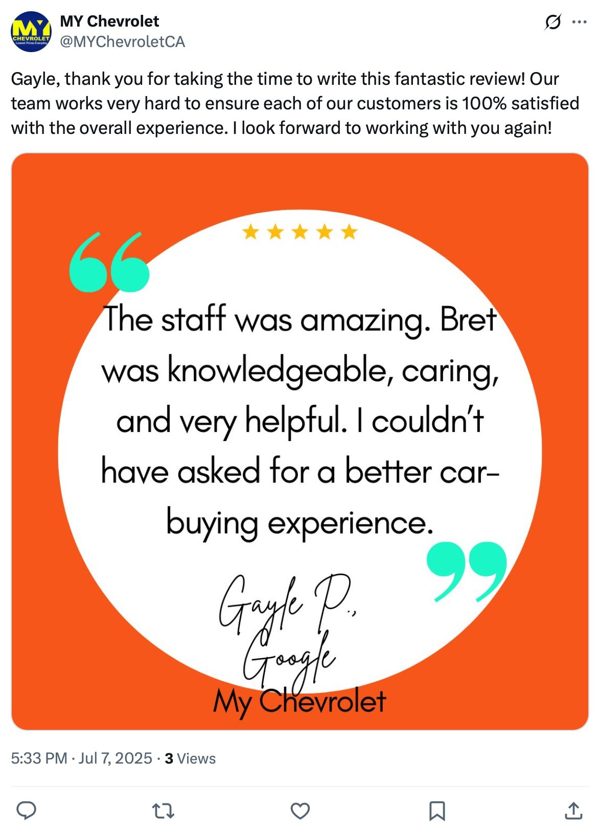 5-star Google review highlights exceptional service at My Chevrolet Customer testimonial graphic from Gayle P. praising staff at My Chevrolet for their helpful and caring service