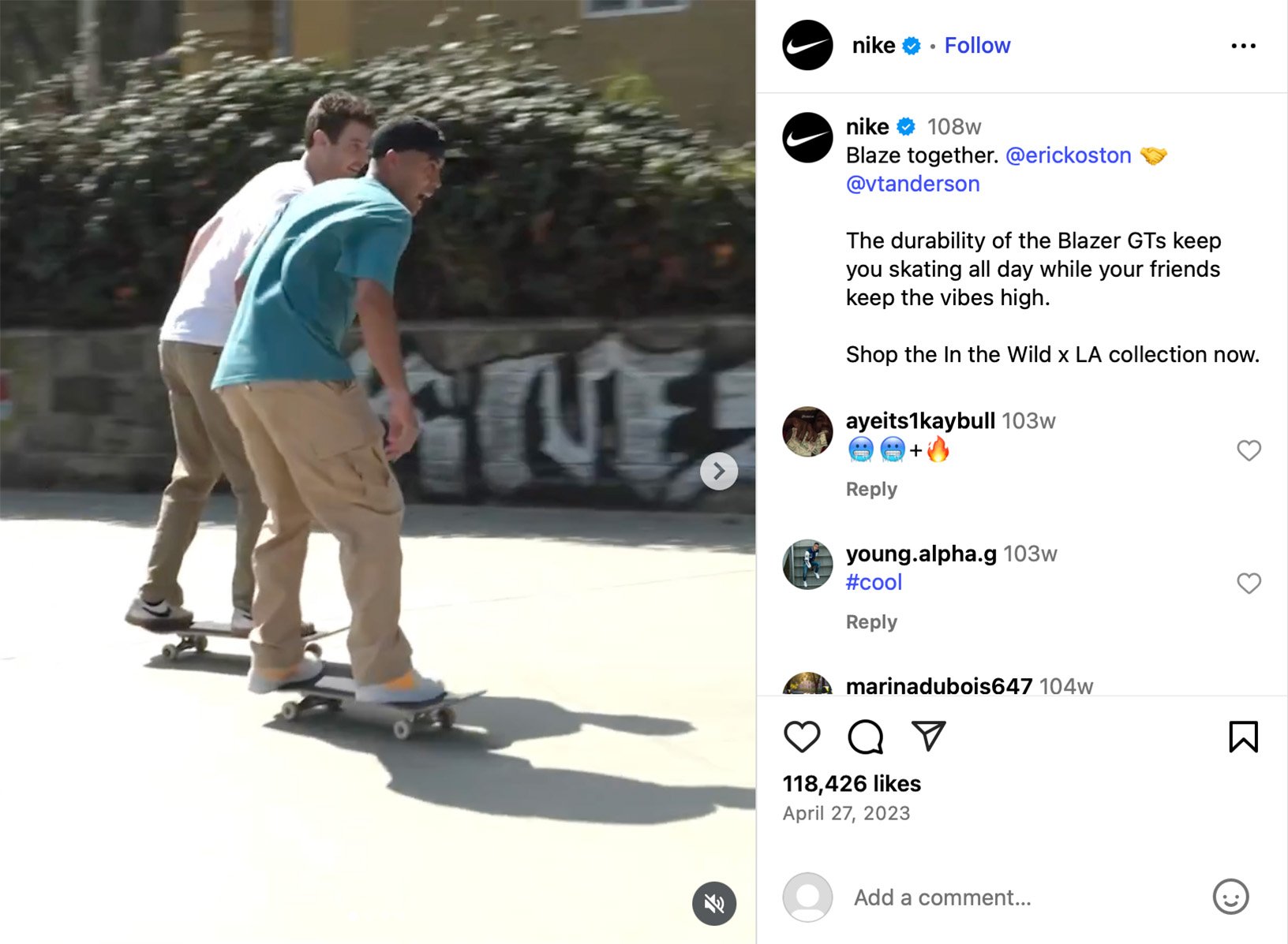 Nike highlights Blazer GT durability in LA skate collab Two skateboarders riding side by side, one wearing Nike Blazer GT shoes