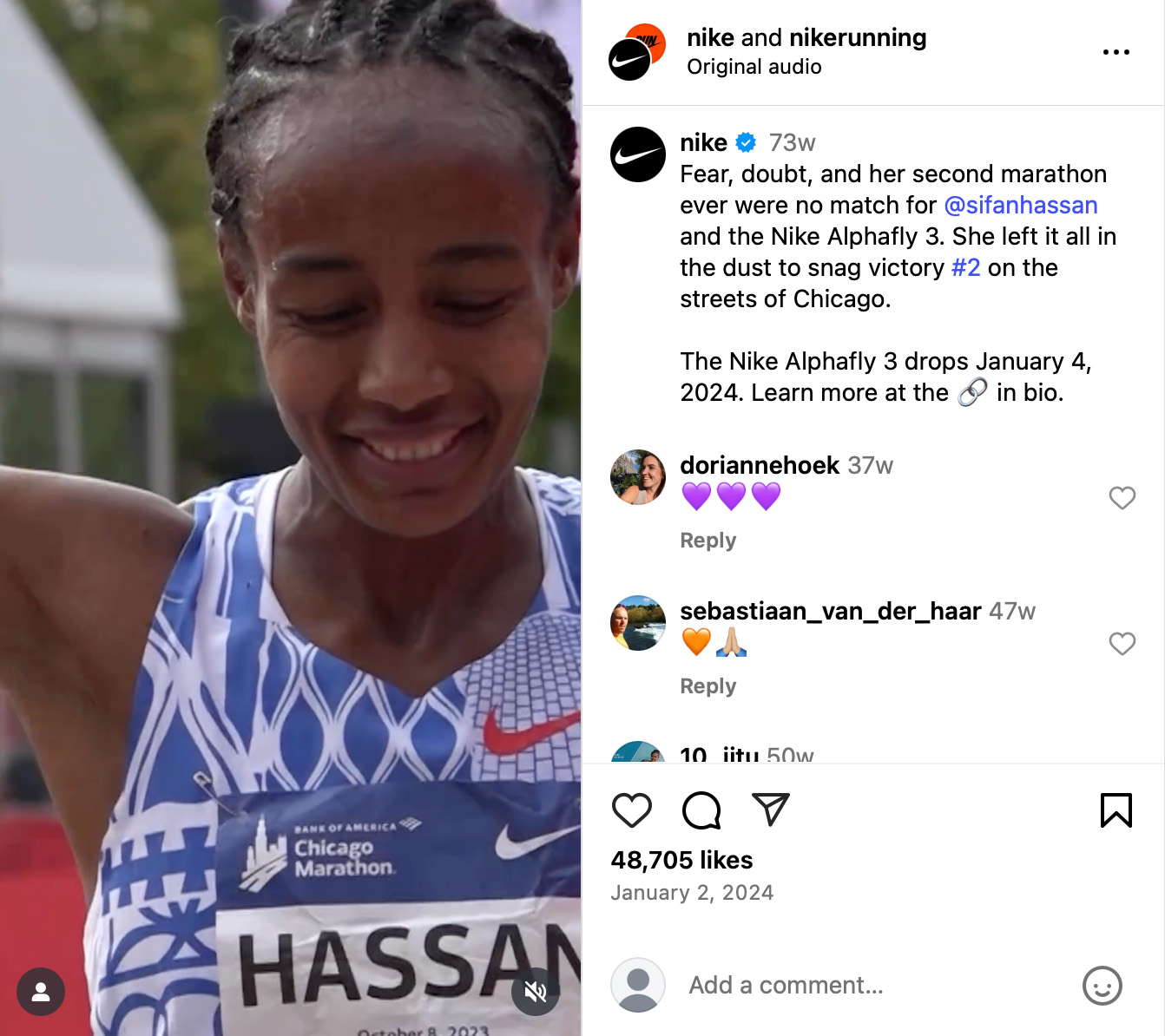 Nike celebrates Sifan Hassan's win and Alphafly 3 launch Sifan Hassan smiling at the finish line of the Chicago Marathon wearing Nike race gear