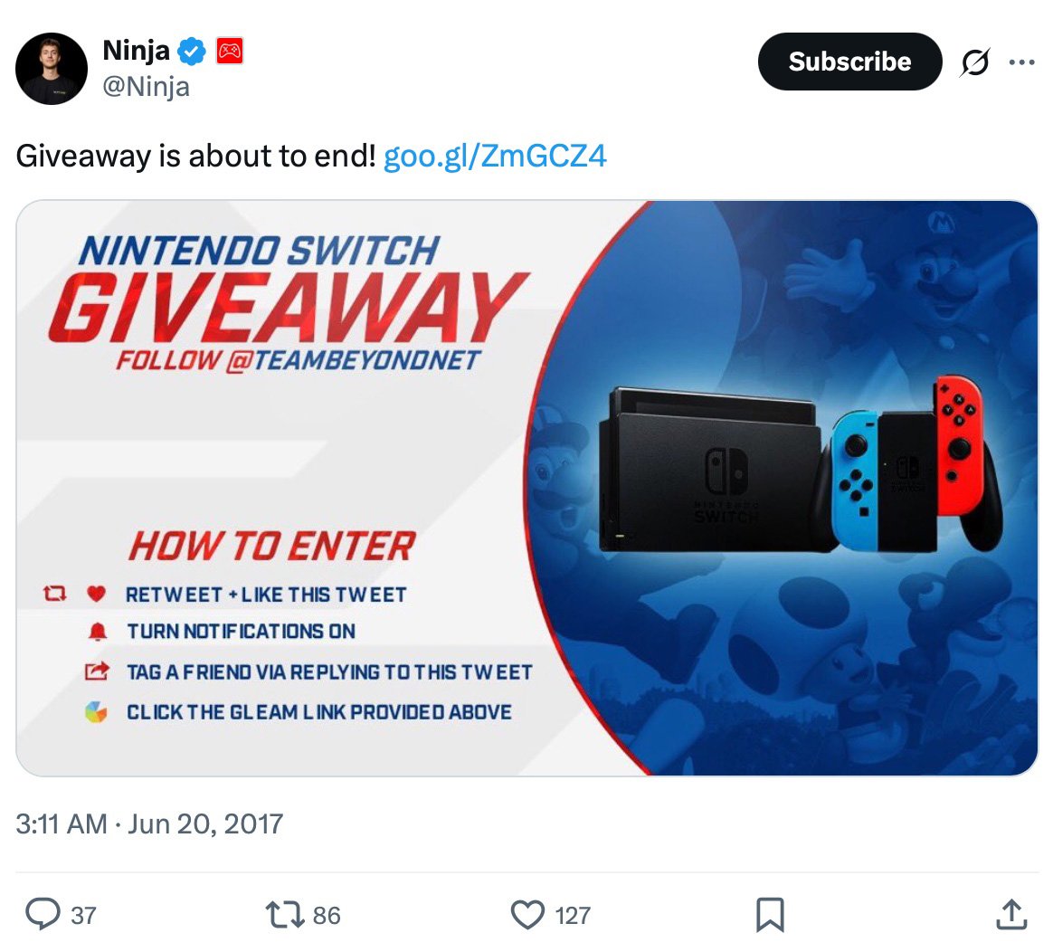Nintendo Switch console and Joy-Cons with giveaway entry instructions from Ninja