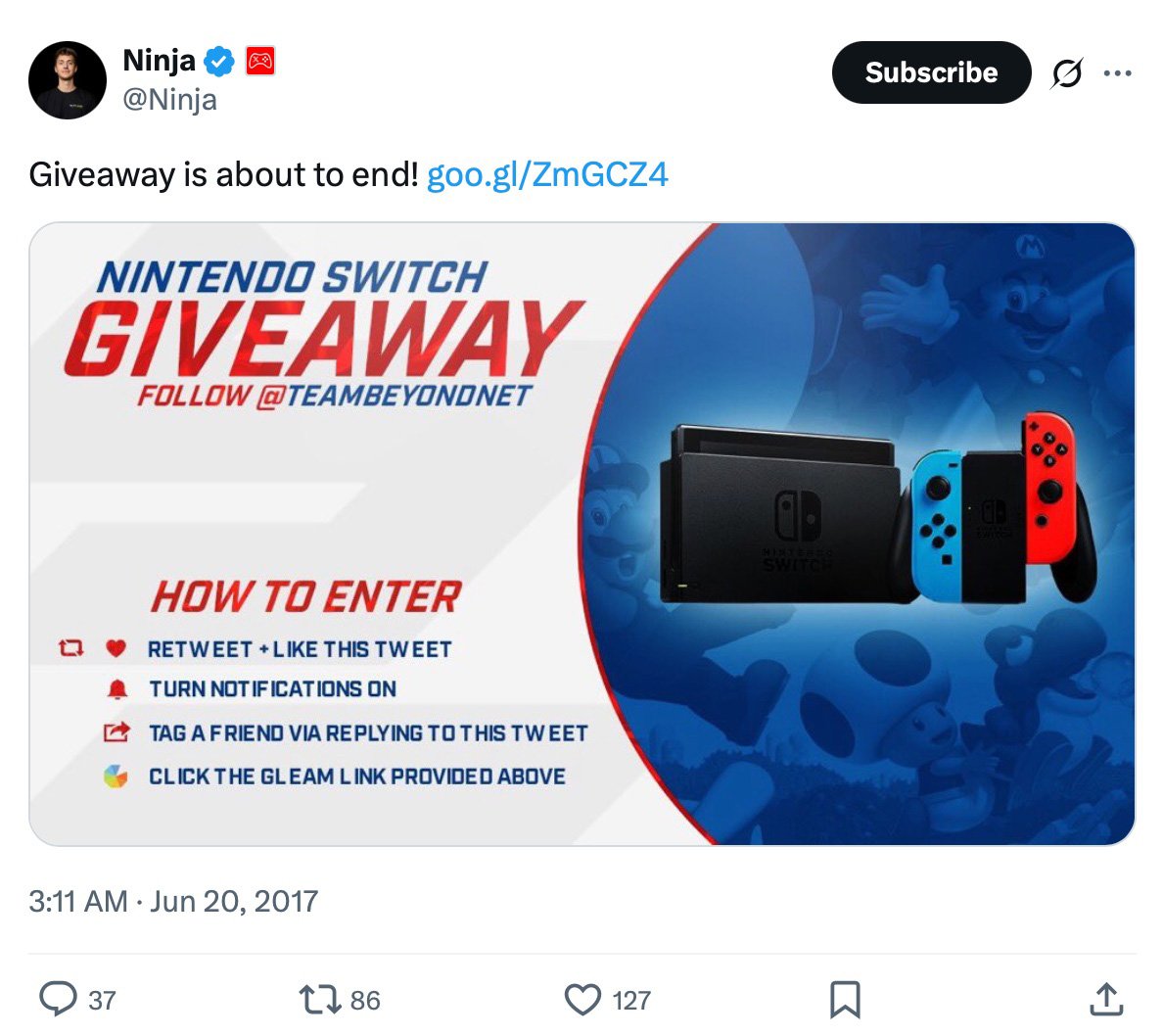 Twitter campaign for Ninja's Nintendo Switch giveaway Ninja Nintendo Switch giveaway promotion on Twitter