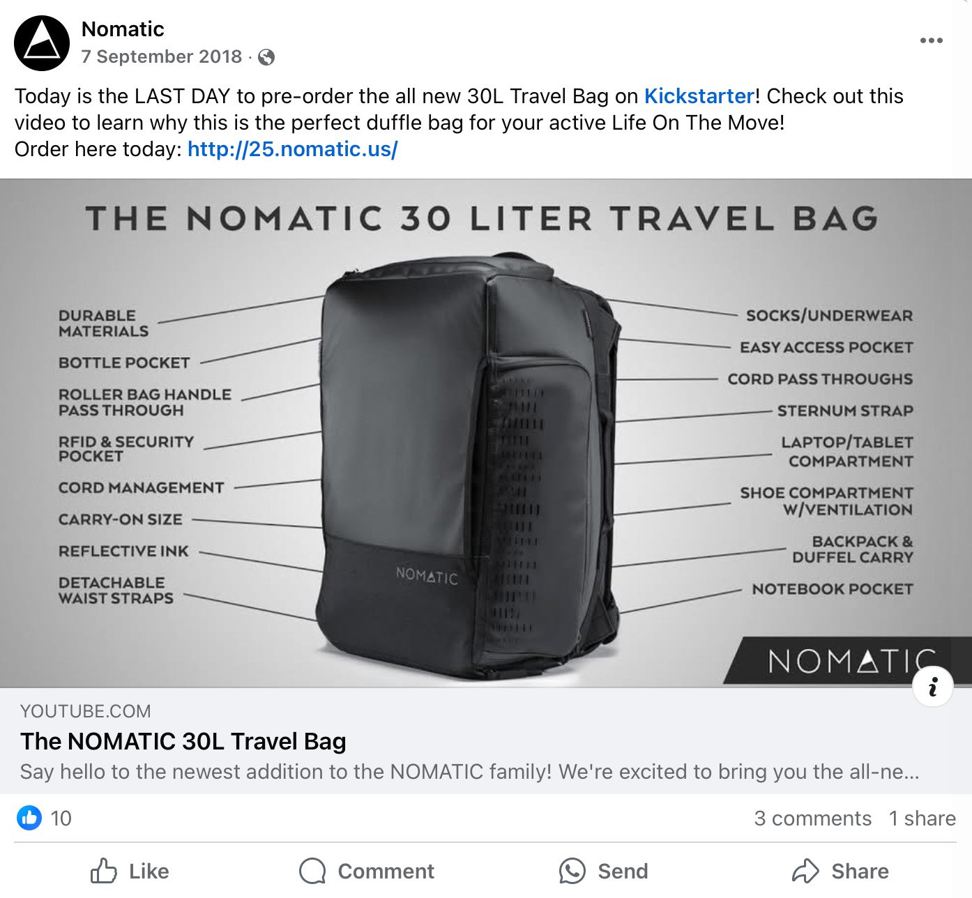Nomatic promotes final day to pre-order 30L Travel Bag Nomatic 30L Travel Bag with callouts highlighting features like RFID pocket, laptop compartment, and detachable straps
