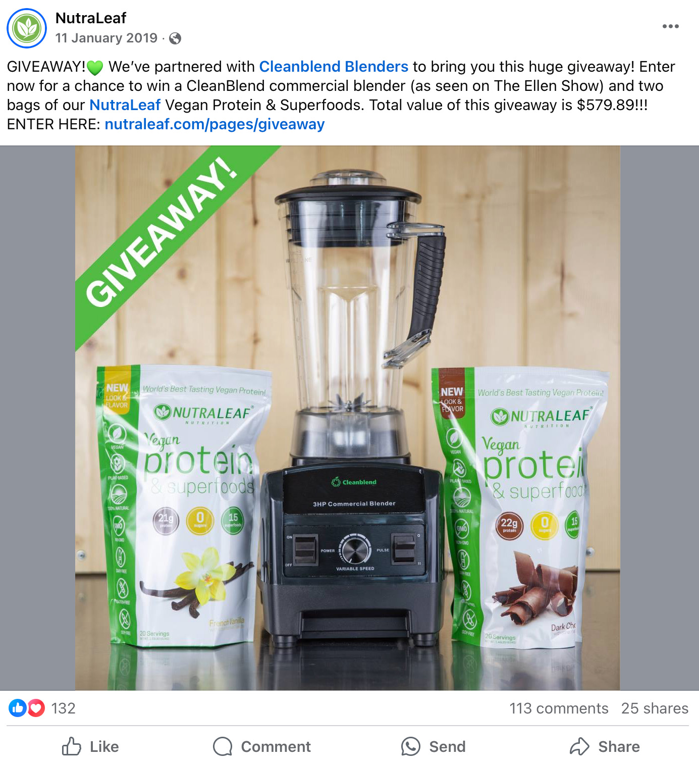 Facebook post by NutraLeaf featuring a CleanBlend commercial blender and two bags of NutraLeaf Vegan Protein as part of a giveaway