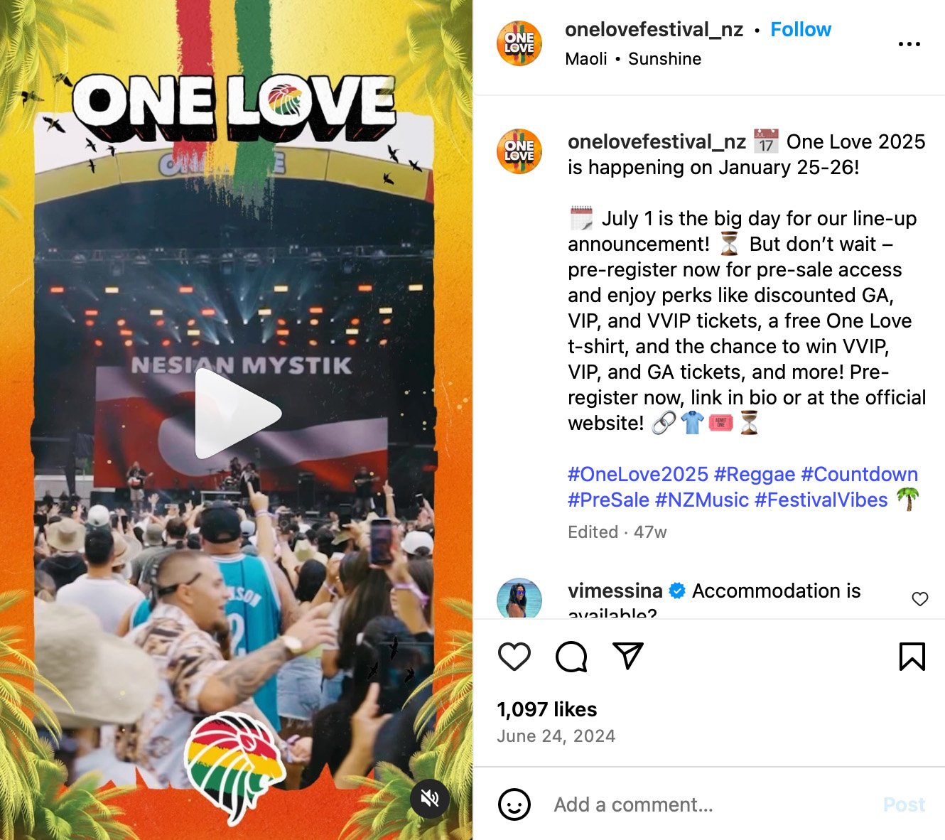 One Love Festival NZ ticket giveaway on Instagram One Love Festival NZ Instagram post promoting a ticket giveaway with vibrant festival branding