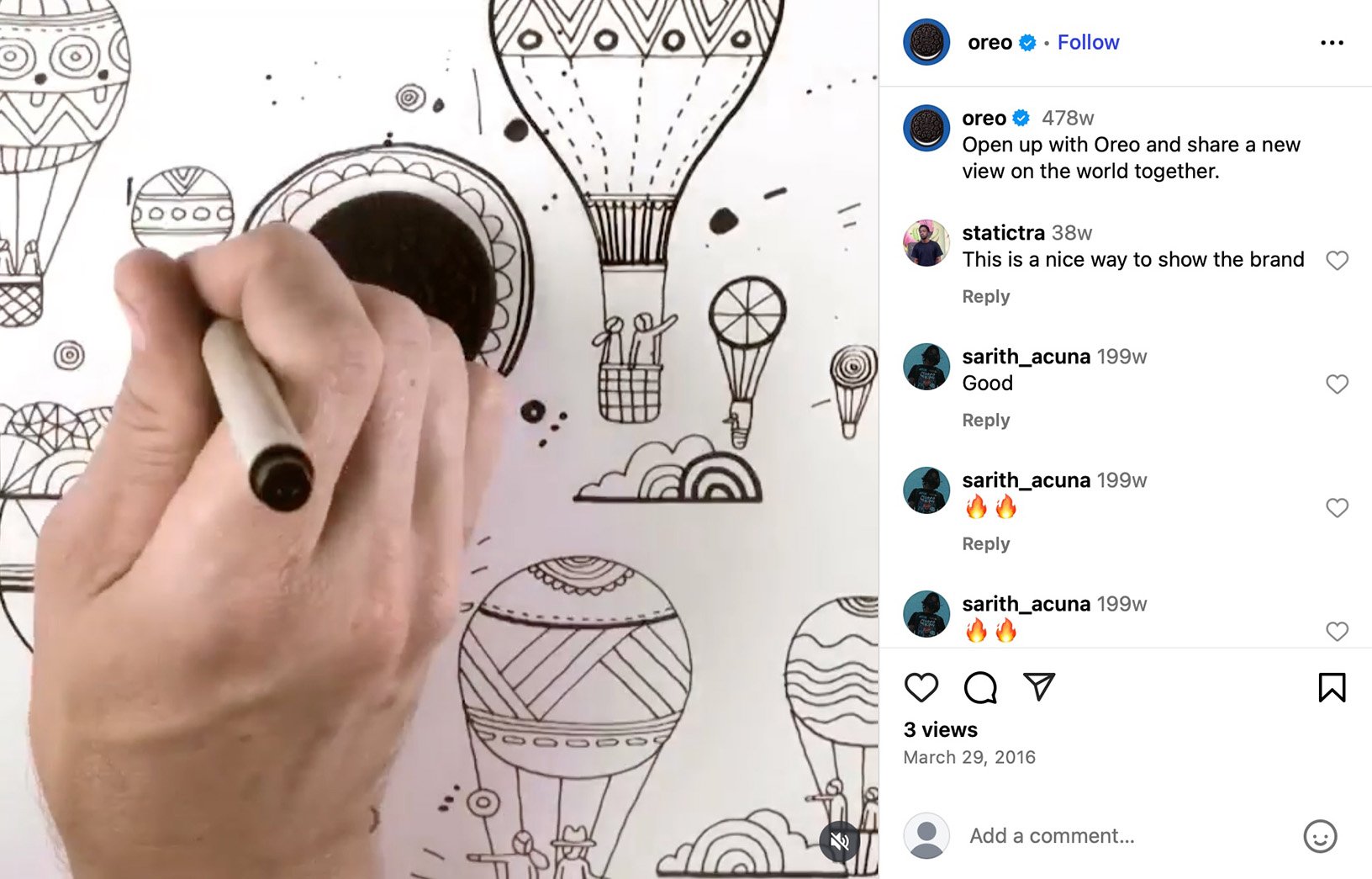 Oreo invites viewers to see the world differently through creativity Hand drawing whimsical hot air balloons around an Oreo used as a balloon base