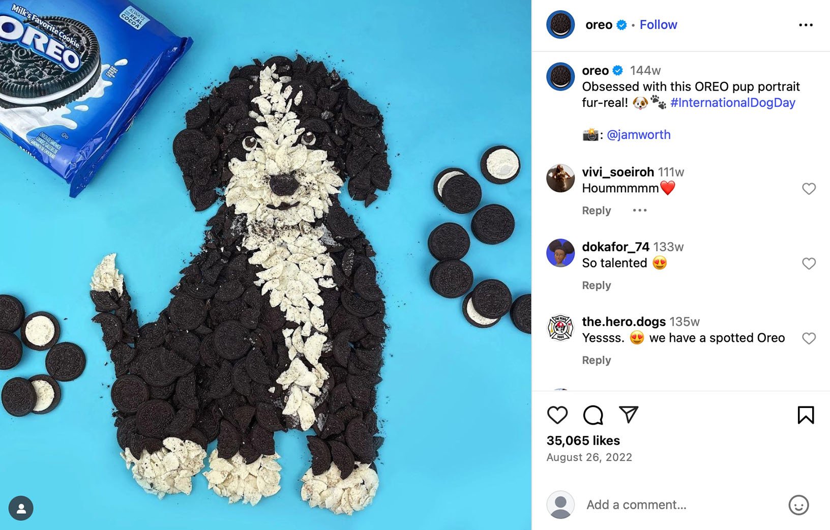 OREO celebrates International Dog Day with a pup portrait made from cookies Portrait of a dog made from Oreo cookies on blue background for International Dog Day