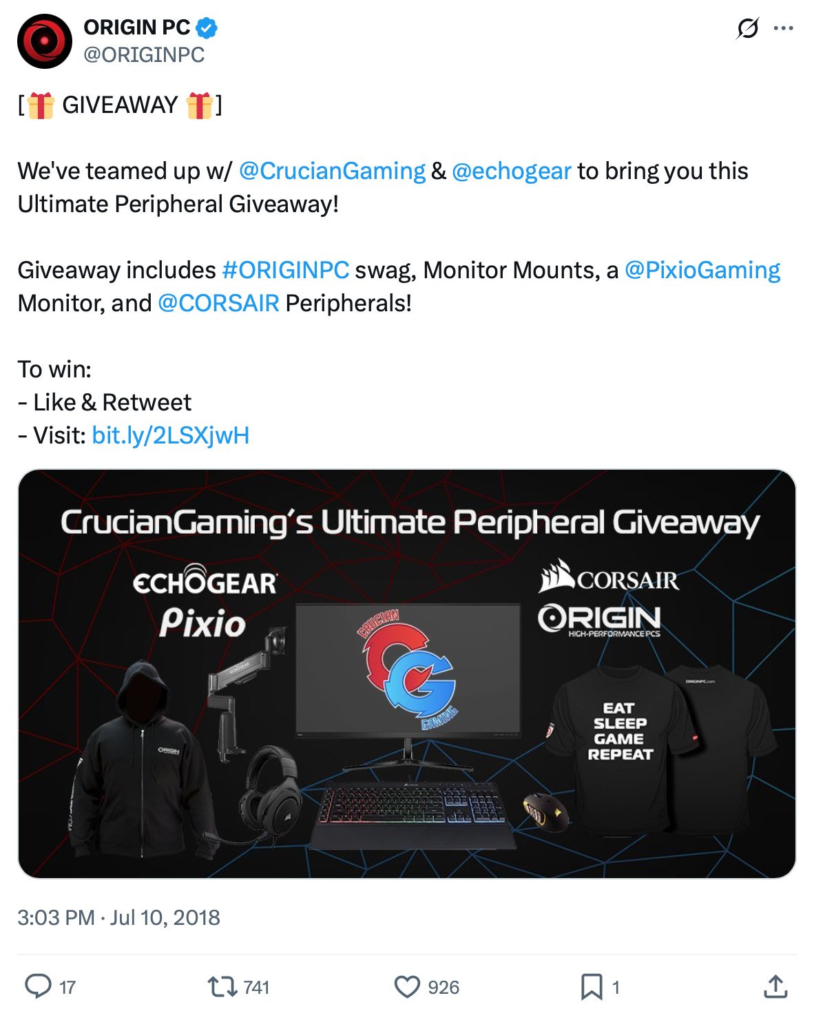 CrucianGaming Ultimate Giveaway — Win gear from Origin PC, Corsair, Pixio and more Twitter post promoting CrucianGaming's Ultimate Peripheral Giveaway with gaming gear from Origin PC, Corsair, EchoGear and Pixio