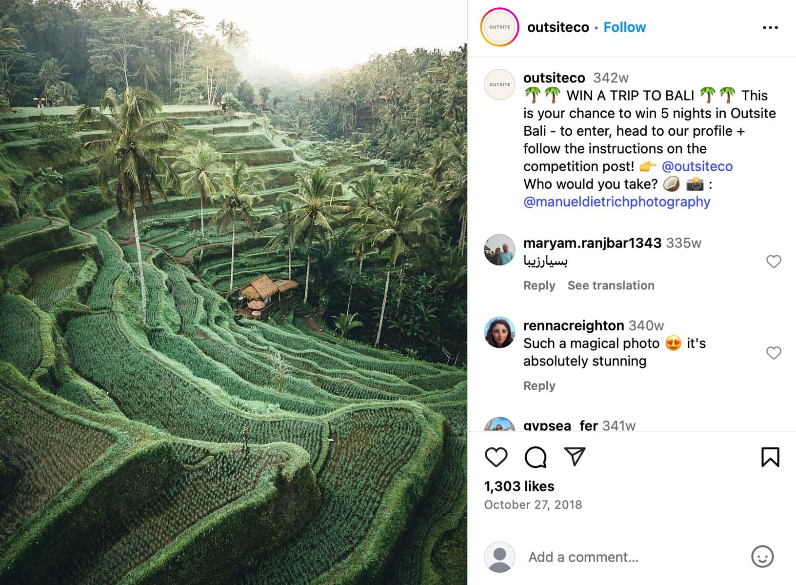 Outsite travel and remote work giveaway campaign on Instagram Outsite Instagram post featuring a travel-themed giveaway for remote work stays