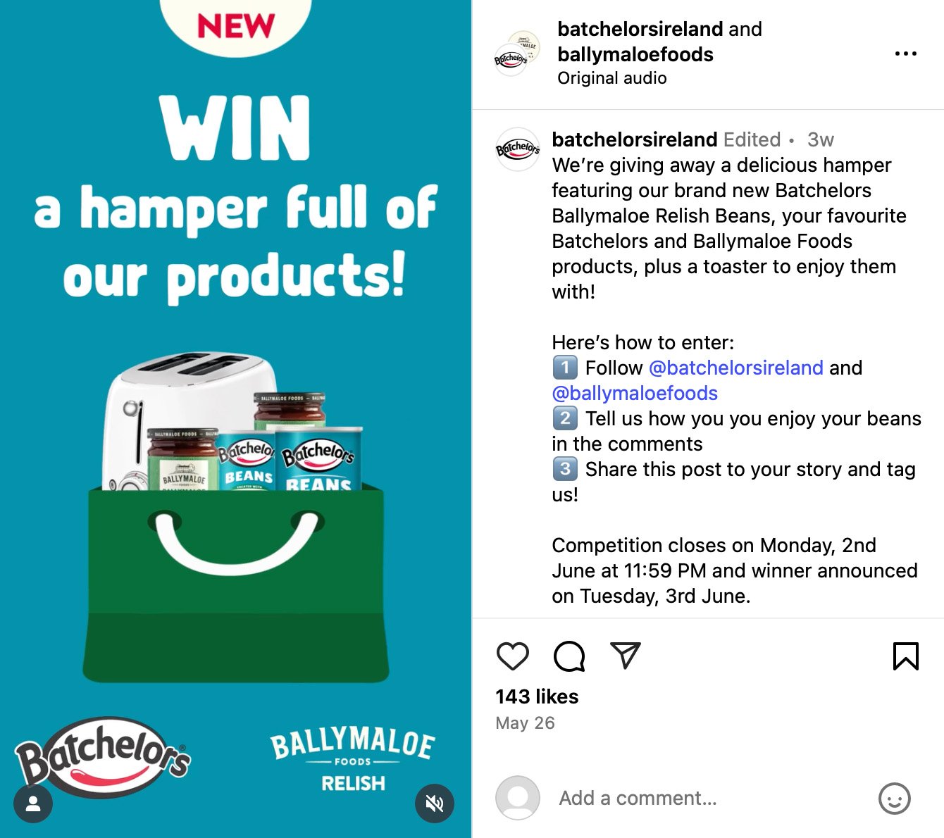 Instagram giveaway post offering a product hamper from Batchelors and Ballymaloe Foods Illustrated giveaway post featuring Batchelors and Ballymaloe products with a toaster in a green bag