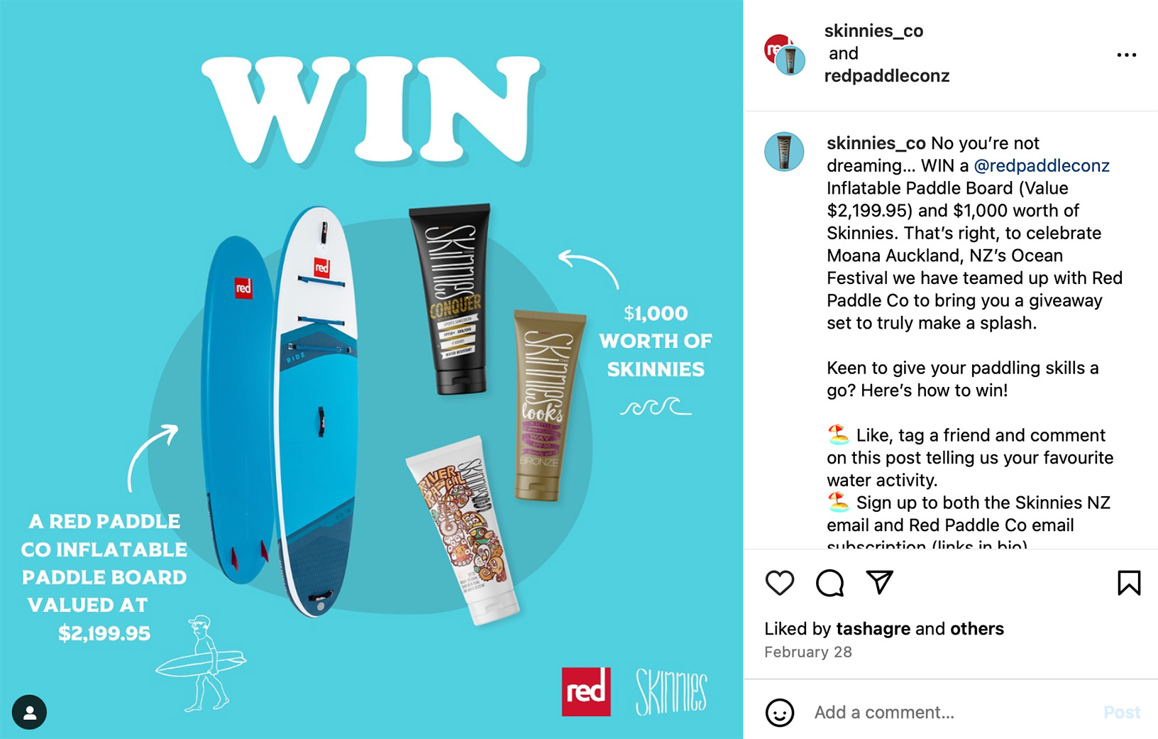 Run a paddle board giveaway to engage outdoor and adventure audiences Instagram post promoting a paddle board giveaway for outdoor adventure enthusiasts