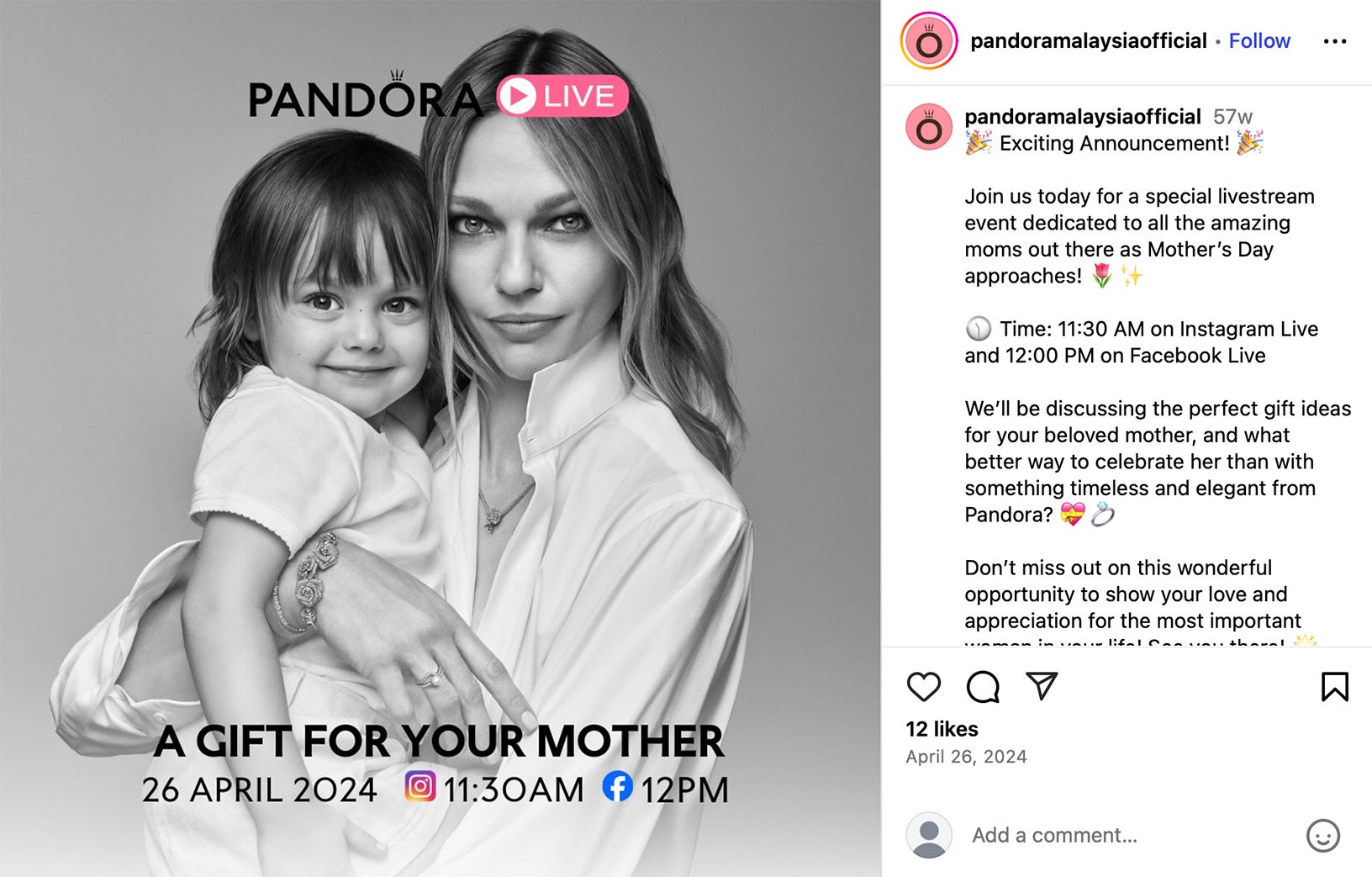Pandora hosts Mother's Day livestream for gift inspiration Black-and-white portrait of a woman holding her young daughter with text promoting a Pandora livestream for Mother's Day