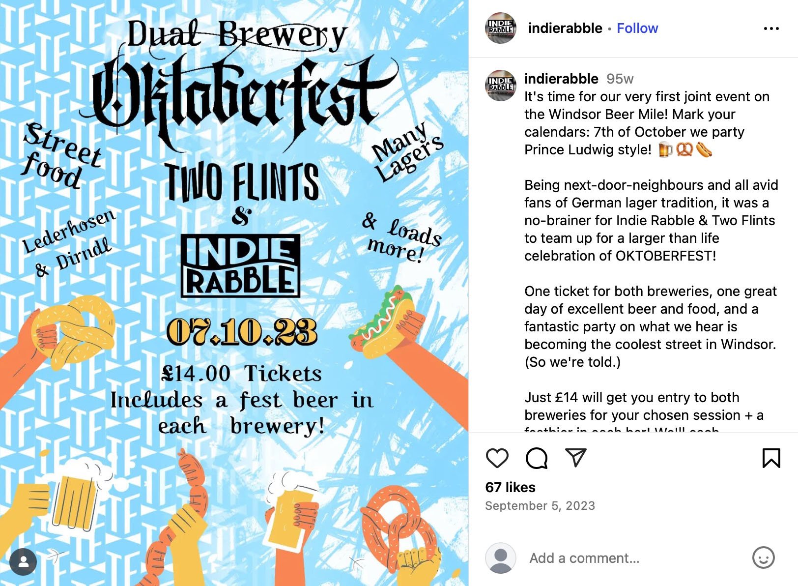 Two Flints & Indie Rabble host a dual Oktoberfest celebration in Windsor with beer, food and fun Oktoberfest event poster showing details for Two Flints & Indie Rabble dual brewery day with lager, food, and music
