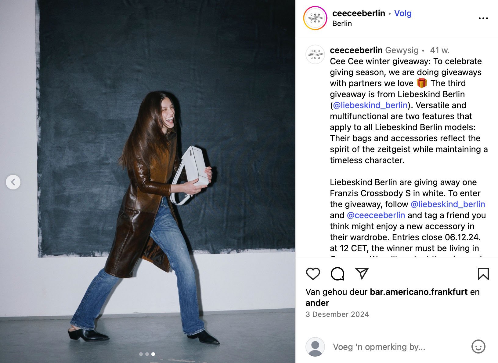 Cee Cee Berlin teams up with Liebeskind for a partner-driven winter giveaway Cee Cee Berlin partners with Liebeskind Berlin for a co-branded winter giveaway featuring a stylish bag prize